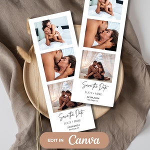 Puede incluir: Una tarjeta de guardar la fecha con un diseño de tira de fotos que presenta a una pareja en varias poses. La tarjeta tiene un fondo blanco con texto negro que dice "Save the Date" seguido de "Lucy + Mike" y la fecha "12.09.2024".