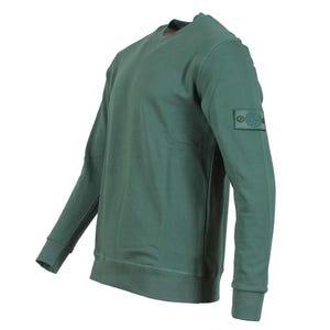 Puede incluir: Una sudadera verde de manga larga con un pequeño parche de logotipo circular en la manga izquierda.