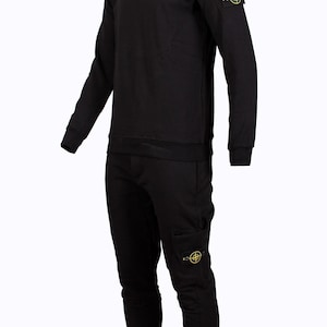Chándal vintage Stone Island para hombre, sudadera de algodón con logotipo metálico, jersey y pantalones negros