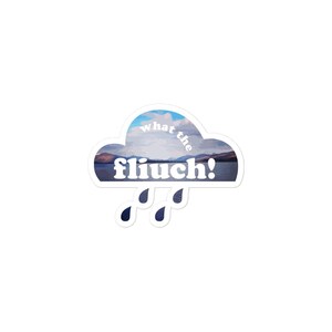 May include: A white sticker with a blue cloud and raindrops. The cloud has a landscape image inside and the text "what the fluuch!" written on it.