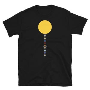 May include: Black t-shirt with a yellow sun graphic at the top and a vertical line of colourful planet graphics below. The planets are in a line, with their names printed next to them.