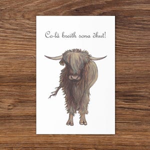 feliz aniversário! | co-là breith sona dhut! (Gaélico escocês) com cartão de felicitações de vaca das montanhas