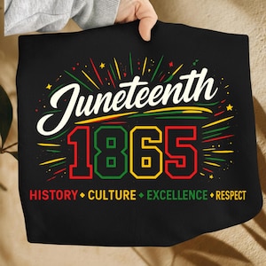 Può includere: Una t-shirt nera con la scritta Juneteenth in corsivo bianco sopra i grandi numeri 1865 in rosso, verde e giallo. Sotto, le parole HISTORY, CULTURE, EXCELLENCE e RESPECT sono stampate negli stessi colori con dei rombi come separatori.