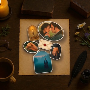 May include: A collection of stickers featuring scenes from a classic novel, including a couple embracing, a candle, a hand, an envelope, and a figure in a field. The stickers are arranged on a parchment-like paper, with a cup of coffee and a candle nearby.
