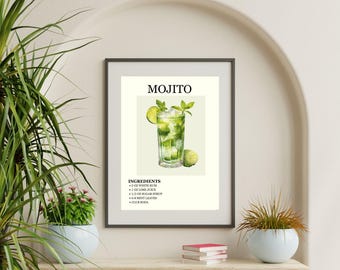 Mojito Wall Art stampabile, stampa cocktail Mojito, decorazione Mojito, arte carrello bar, stampa Mojito retrò, stampa alcol