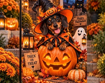 Bandera de jardín de Halloween con perro salchicha, decoración de jardín de Halloween con perro salchicha, bandera de jardín con perro bruja, decoración de otoño para exteriores, regalo para amantes de los perros salchicha