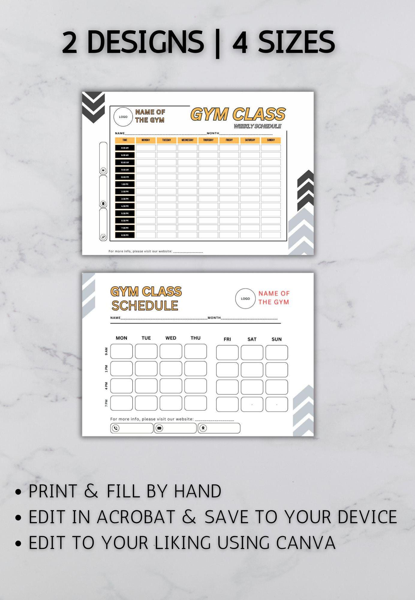 Editable Gym Class Schedule Template 4 Sizes 2 Designs Each