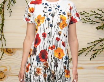 Ladies Beautiful Flower Garden T-Shirt Dress (AOP), All Over Print, Printed Front Back and Sides, Comfortable and Soft