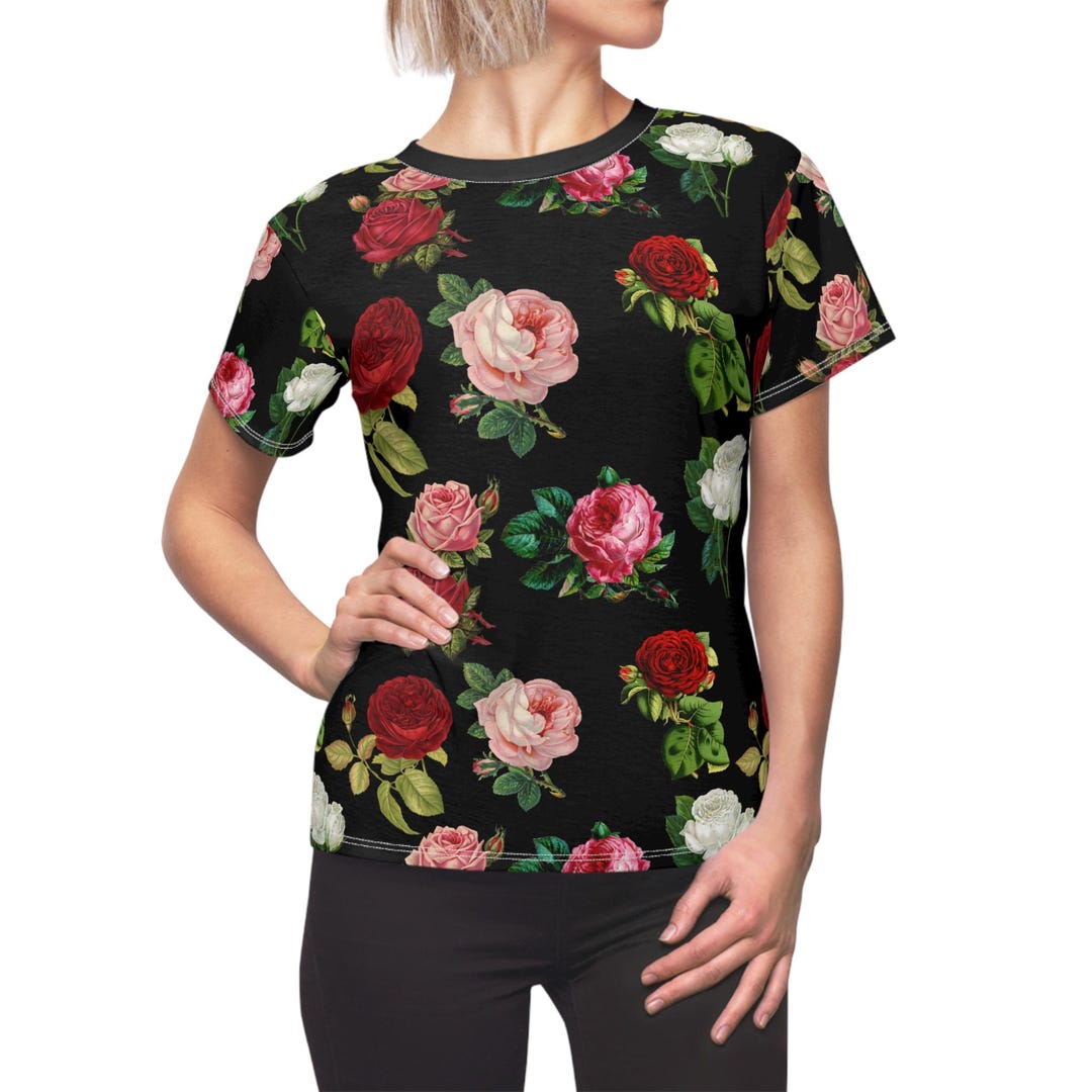 Ladies Cut Soft Dri-fit Black Tee Shirt With Roses Print, Mom Gift ...