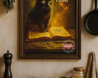 Witch Cat Gothic Wall Art: Halloween Black Cat Print (Digital Download)