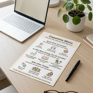 May include: A desk setup featuring a laptop, a potted plant, and a printed "Dopamine Menu" with self-care tips. Also includes a pen and tortoiseshell glasses. The overall aesthetic is clean and minimalist.