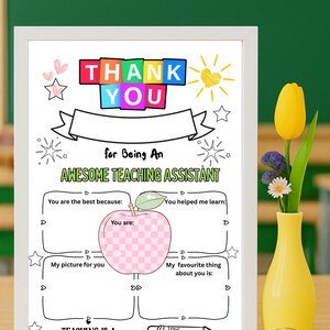 Cartão de agradecimento para assistente de ensino | Cartão personalizado para preencher para assistente de ensino | Presente de fim de ano das crianças | Download digital em PDF