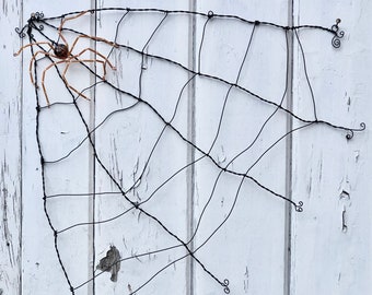 Large Wire Spider Web | Beaded Spider | Halloween Art | Metal Cobweb | Halloween Decor | Witch's Pet | Spooky Decor | Samhain Altar