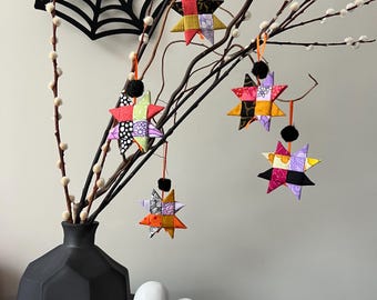 Halloween Folded Patchwork Hanging Stars, Fabric No-Sew Craft Kit, Cute Spooky Halloween Decor, Skandi Folded Stars, Fabric Origami Kit