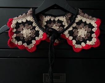 Brown & Black Granny Stitch Crochet Collar with Tie and Red Scallop Trim. Handmade with Love
