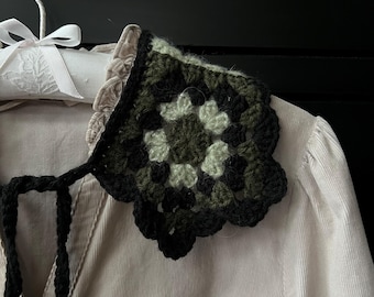 Green & Black Granny Stitch Crochet Collar with Tie and Pretty Scallop Trim. Handmade with Love