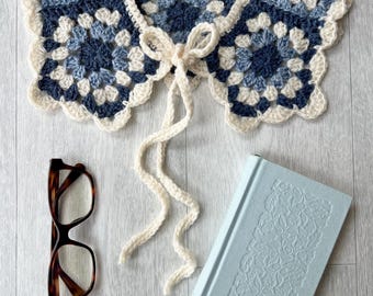 Denim Blue & Cream Granny Stitch Crochet Collar with Tie. Handmade with Love