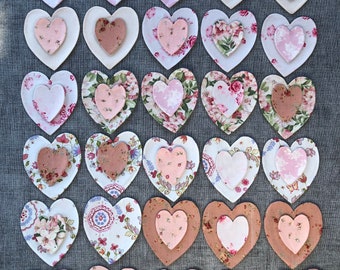 Shabby Chic Appliqué Hearts - Fabric Hearts - Tilda Fabric - Ready Made Hearts Kit - Pink Hearts - Cottagecore Craft Pack - Tilda Hearts Kit