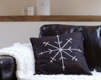 SALE: Snowflake Hand Embroidered Chocolate Brown Pure Wool Cushion Pillow