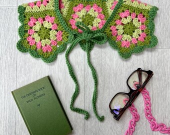 Green & Pink Granny Stitch Crochet Collar with Tie. Handmade with Love