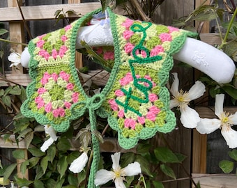 Green is Hope | Green & Pink Granny Stitch Crochet Collar with Embroidered Text and Tie | Handmade with Love