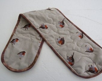 Double Oven Gloves - Robin - Pretty and Useful - 36" Long by 8" Wide - Thermal Wadding at Each End - Ribbon Loop