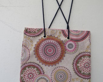 Corded Lined Tote Shopping Bag - Mandala - Pretty Pinks with Royal Blue Braided Cord Straps - 16" Square - Lined with Pink Cotton Fabric