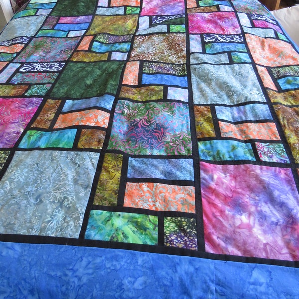 Large Stained Glass Batik Patchwork Quilt Kit - 64" by 73" Rectangle - Simple Technique for Narrow Black Sashing - Quilt Kit With Pattern