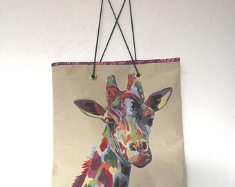 Sac fourre-tout Popart girafe avec doublure en fil cordon Girafe sur fond crème - Cordon tressé vert - Doublure en batik rose