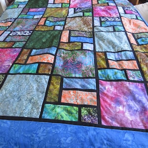 Stained Glass Batik Large Quilt Pattern Digital Easier Method of Adding Black Sashing 64 by 73 Full Instructions for Quilt as you go image 2