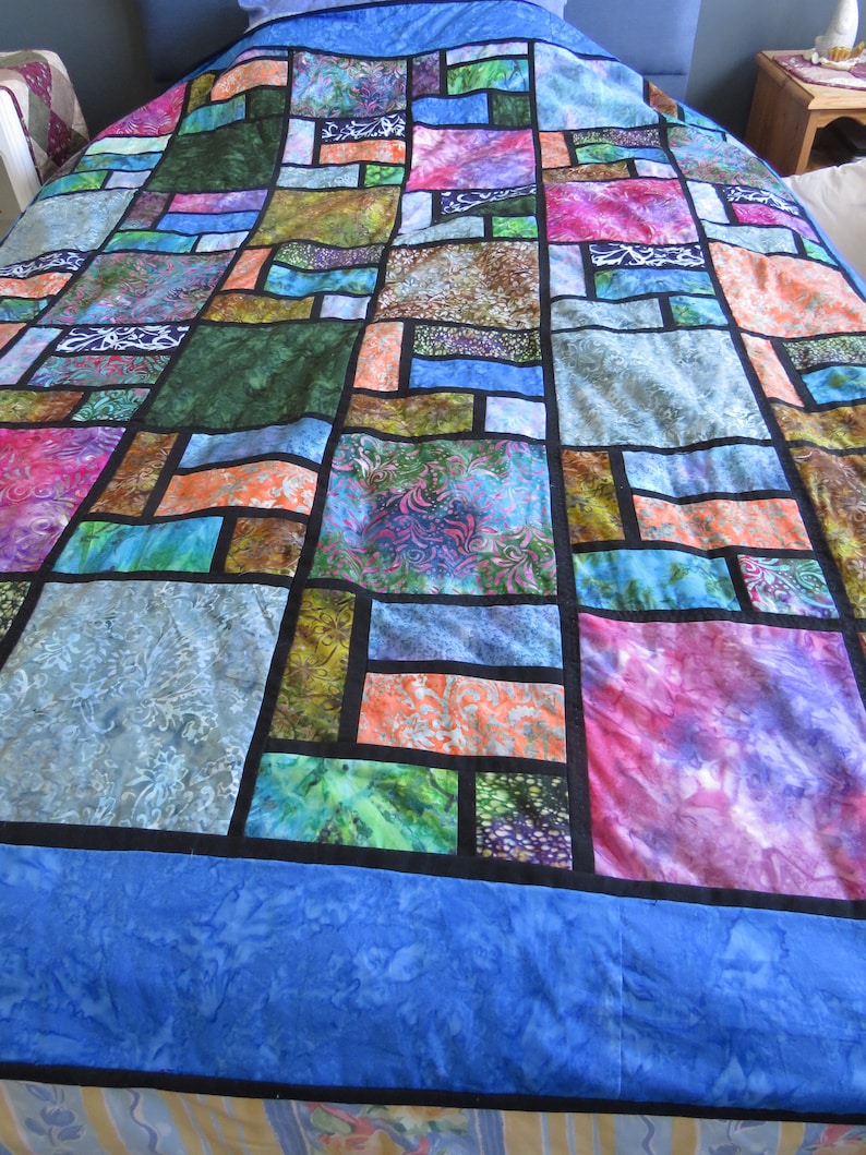 Stained Glass Batik Large Quilt Pattern Digital Easier Method of Adding Black Sashing 64 by 73 Full Instructions for Quilt as you go image 2