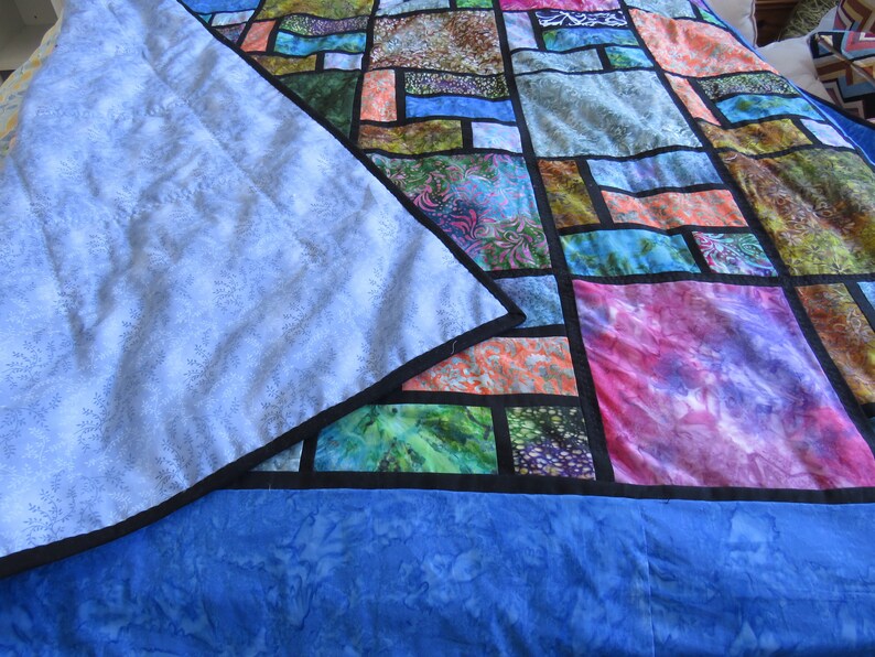 Stained Glass Batik Large Quilt Pattern Digital Easier Method of Adding Black Sashing 64 by 73 Full Instructions for Quilt as you go image 5