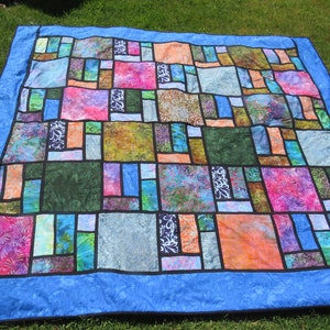 Stained Glass Batik Large Quilt Pattern Digital Easier Method of Adding Black Sashing 64 by 73 Full Instructions for Quilt as you go image 1