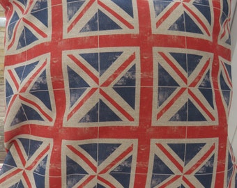 Jubilee Union Jack Cushion Pillow - Linen Look Fabric - Overlocked and Zipped - 18 Inches Square - Cover Only - Red and Blue