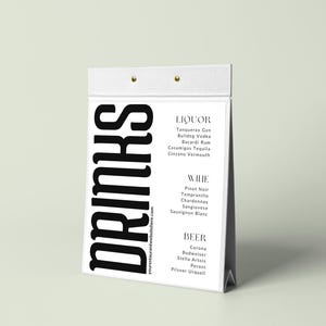 Plantilla de Menú de Bar Editable - Lista Imprimible de Comidas y Bebidas en Blanco y Negro - Diseño Moderno para Restaurante Canva