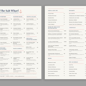 Menú de marisquería editable en InDesign, estilo costero moderno, tamaño Legal 8.5x14", listo para imprimir. Diseño modular y profesional.