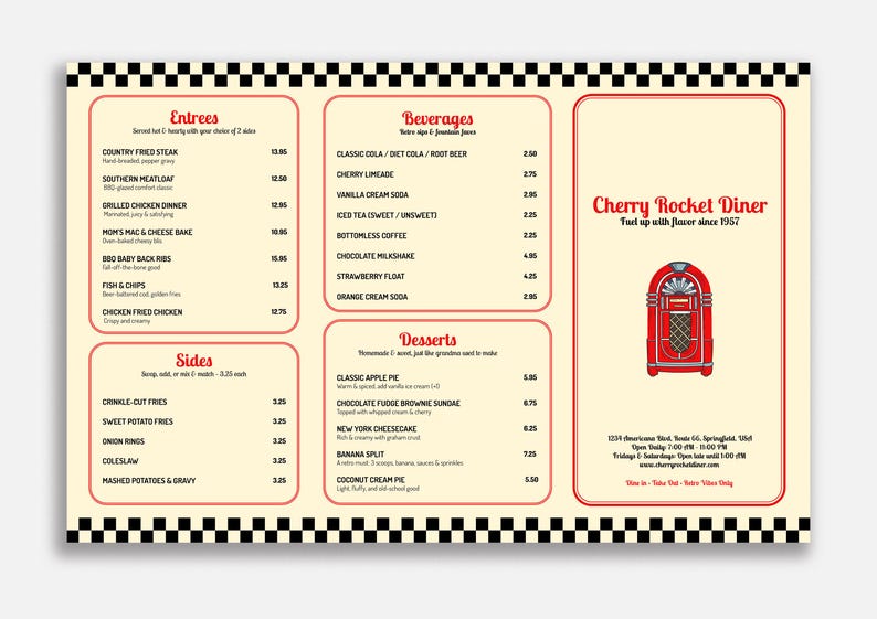 Retro Diner Menu Template 11x17 Trifold Professonal, Printable ...