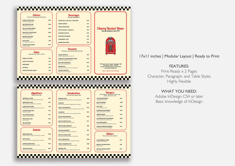 Retro Diner Menu Template Trifold 17x11 – Printable Restaurant Menu ...