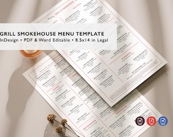 Grill Menu Template – Smokehouse Restaurant Menu, Professional InDesign, Editable PDF + Word Printable Layout