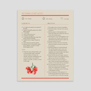 Receta de gazpacho imprimible: editable en CANVA, Plantilla de cocina española, plantilla de Canva para libro de cocina en A4/US letter,
