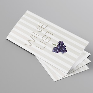 Menú de vinos personalizable. Menú de bar de bodas,Menú de eventos, Carta de bebidas y alcohol y espumosos. Lista de vinos para restaurante