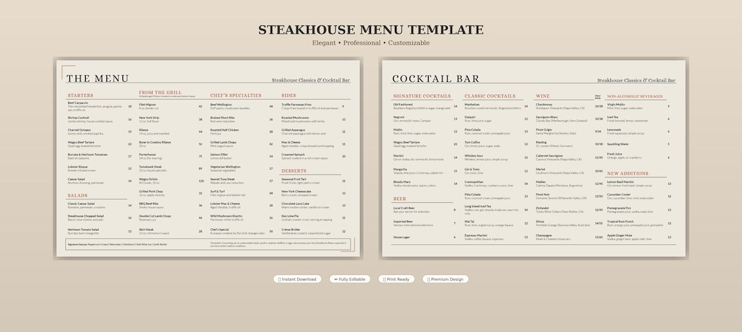 Editable Steakhouse Menu Template – Elegant Restaurant Design