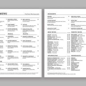 Szablon menu włoskiej restauracji – 8,5 x 11 cali, InDesign, układ modułowy, elegancki projekt czarno-biały, wykwintna restauracja, plik PDF do druku