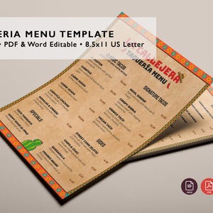 Modelo de cardápio para Taqueria Azteca – Editável em InDesign, PDF e Word