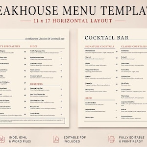 Könnte beinhalten: Eine Steakhouse-Menüvorlage im horizontalen 11 x 17-Format. Das Design umfasst zwei separate Bereiche mit der Beschriftung The Menu und Cocktail Bar sowie organisierte Spalten für Vorspeisen, Grillgerichte, Spezialitäten, Beilagen, Desserts, Cocktails und Weine.