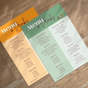 Menú de restaurante personalizable, de bar de bodas o eventos, Carta de bebidas, Carta en dos versiones, Lista de vinos para restaurante