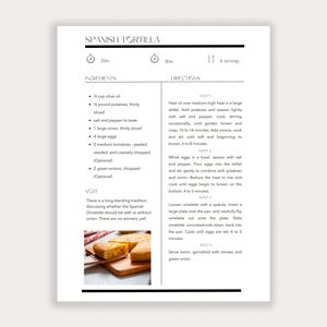 Modelo de cartão de receita de tortilha espanhola para impressão - edite em casa, edite no CANVA e imprima em tamanho carta/A4 dos EUA, simples para uma compilação de livro de receitas