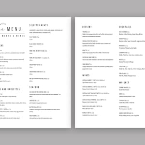 Plantilla de Menú Minimalista para Restaurante | Diseño en Blanco y Negro | Menú Elegante para Bar | Imprimible y Editable en Canva (8.5x11)