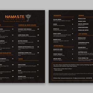 Plantilla Menú Restaurante Indio – Archivo Editable InDesign, Formato US Letter, Menú Modular y Listo para Imprimir