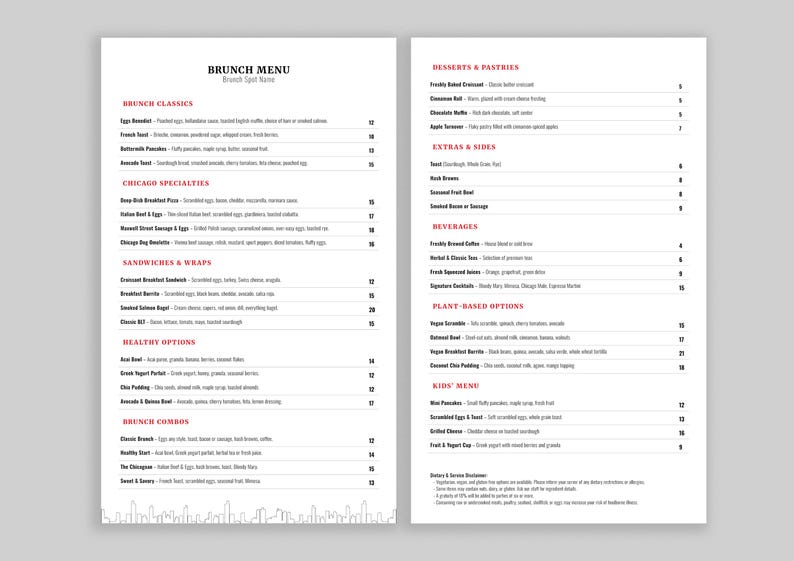Big City Brunch Menu Template | Legal Size 8.5x14 Indesign, PDF and ...